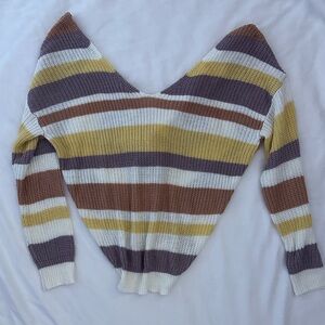 Lone Tree Yellow and Brown Off Shoulder Ribbed-Knit Twist Sweater NWOT